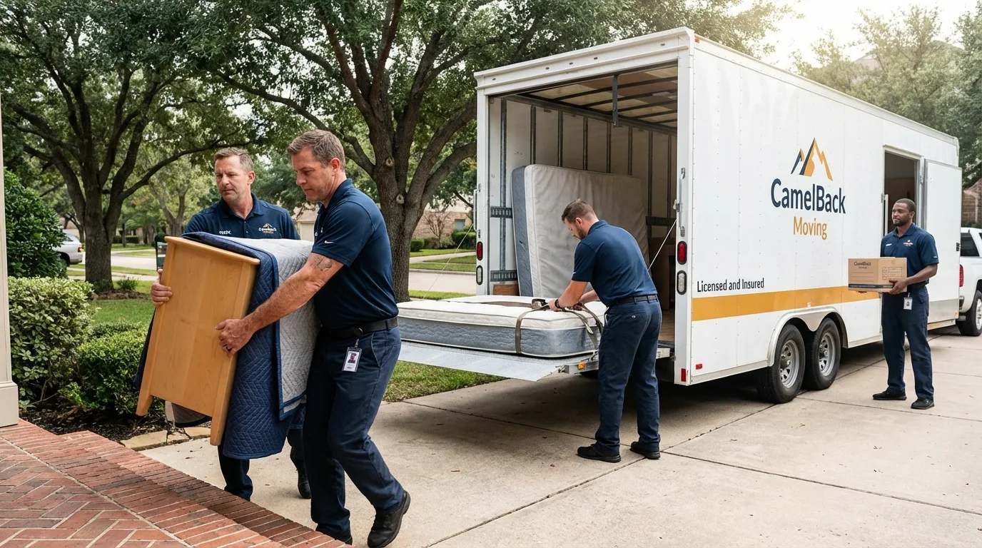 Crew loading residential truck for cross-state move from Quinton, OK