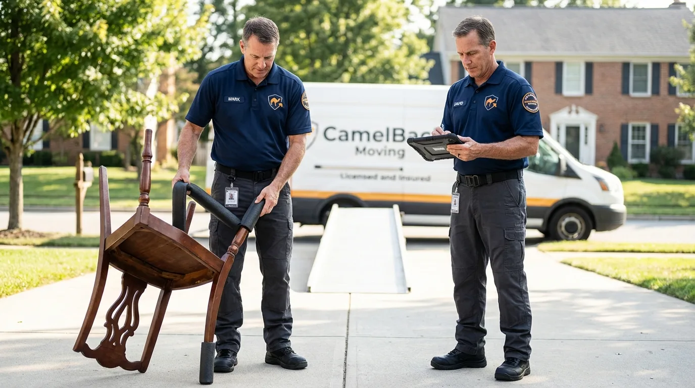 Movers inspecting furniture for damage prevention before loading in Quinton, OK
