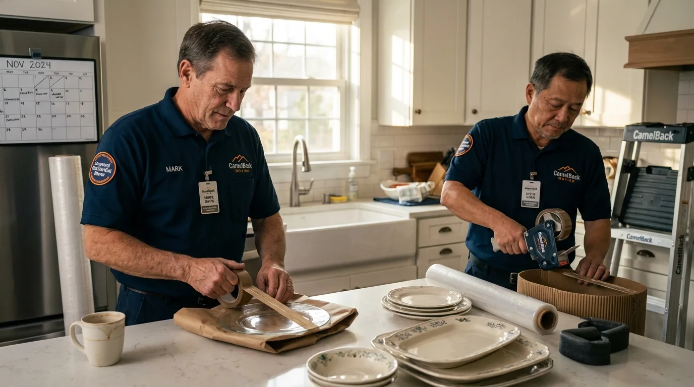 Professional crew packing kitchen dishware in Quinton, OK